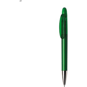 A green plastic pen with a transparent upper section and a silver tip, featuring a logo.