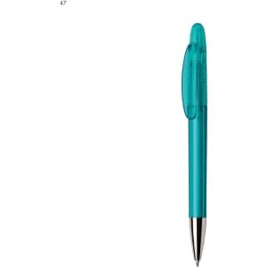 A turquoise plastic pen with a transparent cap and a silver tip, featuring a logo.