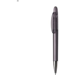 A plastic pen in grey with a clear grip and a silver tip, featuring a logo.