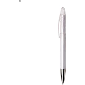A clear plastic pen with a silver tip and clip, featuring a simple design and branding.