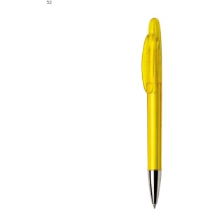 A yellow plastic pen with a clear barrel and silver tip, featuring a logo.