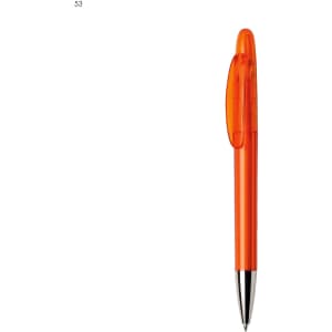 An orange plastic pen with a clear body and a silver metal tip, featuring a clip and logo.