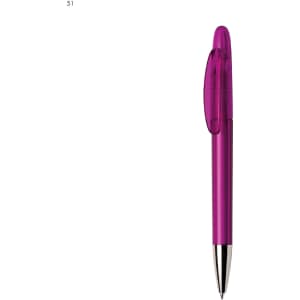 A plastic pen in vibrant purple with a silver tip and a clip for attachment. The pen features a logo.