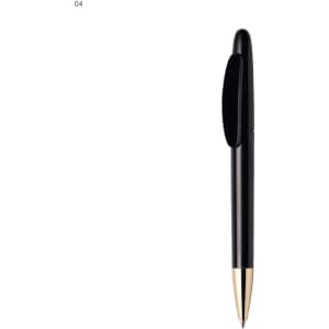 A metal pen featuring a sleek black body with a gold-tone tip and clip, also showcasing a logo.