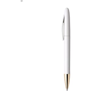 A white metal pen with a gold tip, featuring a simple design and a clip. It has a logo on the body.