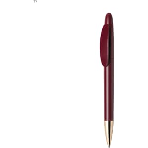 A metal pen in a deep red colour with a gold tip and clip, featuring a branding logo.
