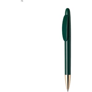 A green metal pen with a gold tip and a clip. The design is sleek and contemporary.