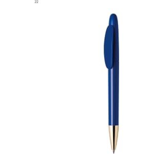 A blue metal pen with a gold tip and a smooth design. It features a logo on the writing section.