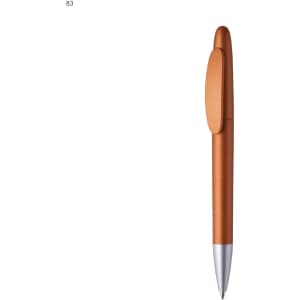 A plastic pen in a copper finish with a silver tip and clip, featuring a logo on its body.