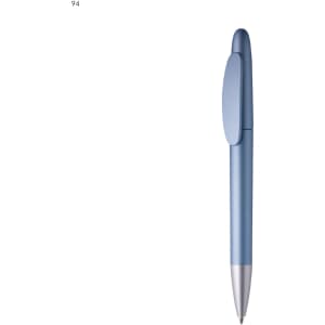 A plastic pen in a light blue colour with a silver tip and a clip. The pen features a branding logo.