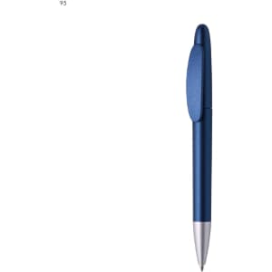 A blue plastic pen with a silver tip and clip, featuring a simple design and a branding logo.