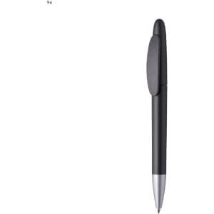 A black plastic pen with a silver tip and a clip. The pen has a sleek, modern design and features branding.