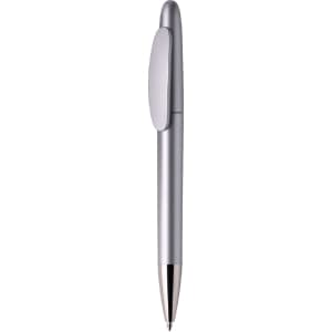 A silver metal pen with a sleek design, featuring a clip and a shiny tip. It has a branding logo.