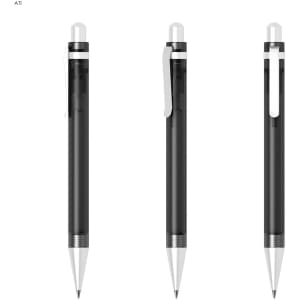 A set of three sleek black plastic pens with silver accents and a clip, featuring a transparent section.