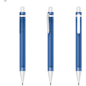 A blue plastic pen with a silver clip, featuring a transparent barrel and a smooth tip. The pen has a logo.