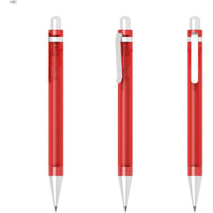 A set of three red plastic pens with silver details and a clip, featuring a transparent barrel.