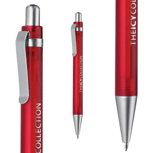 A red plastic pen with a silver clip and tip, featuring a logo along the barrel.