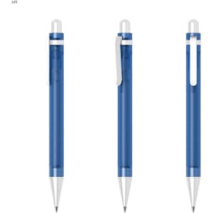 A blue plastic pen with a silver clip and tip, featuring a transparent barrel and a branding logo.