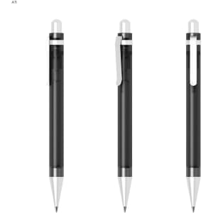 A black plastic pen with a silver clip and tip, featuring a transparent barrel. The pen has a logo on it.