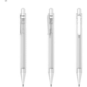 A set of three clear plastic pens featuring a silver clip and tip. Each pen has a sleek, transparent design.