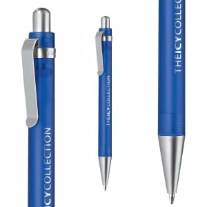 A blue plastic pen with a silver clip and tip, featuring a logo on its barrel.