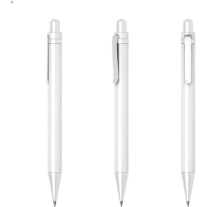 A white plastic pen with a glossy finish, featuring a clip and a pointed tip. The pen is displayed from three angles.