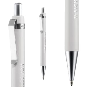 A white plastic pen with a silver clip and tip, featuring branding on the side.