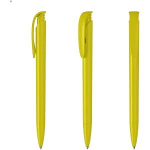 A yellow plastic pen with a clip, displayed from three different angles. It features a sleek design and has a branding logo.