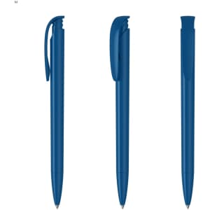 A set of blue plastic pens displayed from different angles, featuring a design with a clip and a smooth finish.