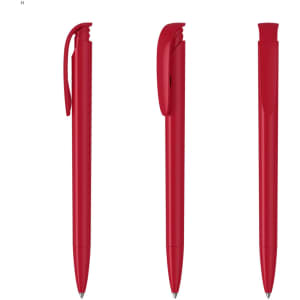 A set of red plastic pens displayed from different angles, featuring a clip and a smooth design. Branding is present.