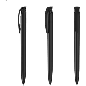 A set of three black plastic pens with a sleek design and clip, featuring a branding logo on one.