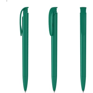 A set of three green plastic pens with a sleek design and a clip for attachment. The product has branding on it.