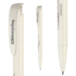 A plastic pen in a light cream colour with a textured finish, featuring a branding logo.
