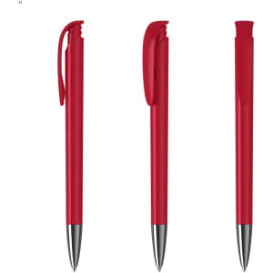 A red plastic pen with a clip, featuring a smooth barrel and chrome accents. The design includes three angles of the pen.