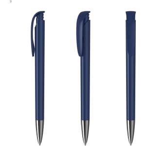 A collection of navy blue plastic pens featuring silver tips and a clip on the side, with varying angles displayed.