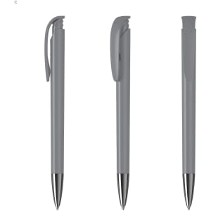 A grey plastic pen featuring a sleek design and a clip, displayed from multiple angles. It has a branding logo.