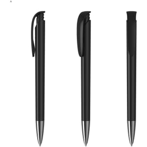 A set of black plastic pens with silver tips, featuring clip and retractable designs. The image includes branding.