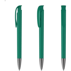 A plastic pen in a vibrant teal colour with a shiny silver tip and a clip on the side; features a logo.
