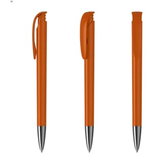 An orange plastic pen with a silver tip and clip, displayed from three different angles.