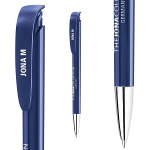 A blue plastic pen with a shiny finish and a clip, featuring a logo and branding details.
