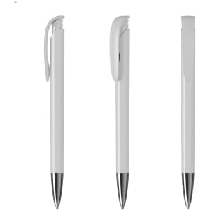 A set of white plastic pens with shiny silver tips, featuring a clip on the side and a smooth barrel design.