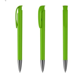 A set of three green plastic pens with silver tips and clip-on caps, featuring a branding logo.