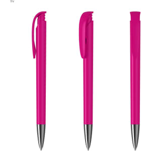A pink plastic pen featuring a retractable design and a shiny silver tip, with a branding logo on the side.