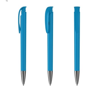 A set of three blue plastic pens with silver tips, featuring a clip and a smooth design. Each pen has a different angle.