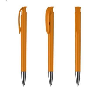 An orange plastic pen with a silver tip and a clip, shown from three different angles.