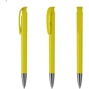 A plastic pen in bright yellow with a clip and chrome tip, displayed from three angles. Includes branding.