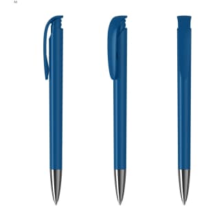 A blue plastic pen with a clip, featuring a sleek design and a silver tip. The pen has a logo on it.