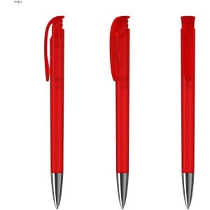 A set of three transparent red plastic pens with silver accents and a branding logo.