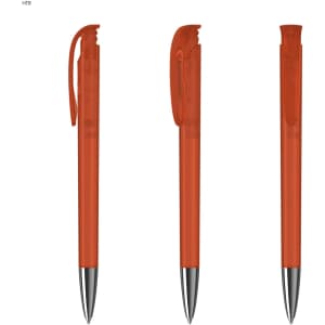 A collection of transparent orange plastic pens with silver accents and a clip.