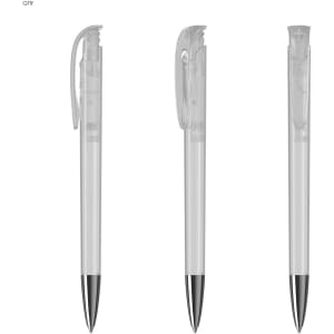 A clear plastic pen with a black tip and clip, showcasing a sleek, minimalist design.